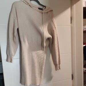 Beige Ribbed Knit Hoodie Dress